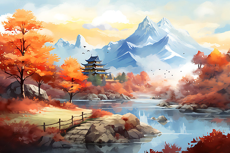 水墨秋天唯美风光中国风插画