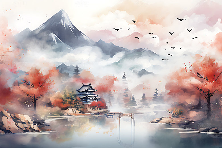 水墨秋天晕染风光中国风插画