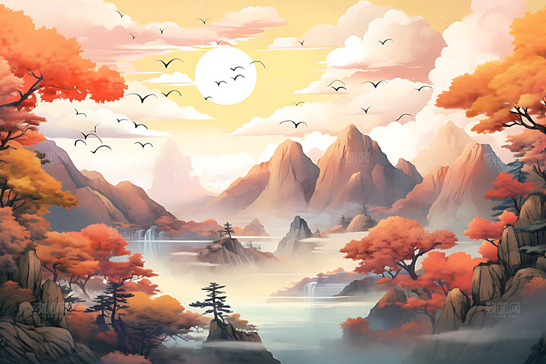 水墨秋天写实唯美中国风插画