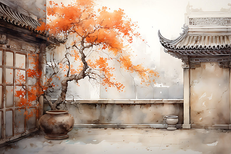 水墨秋天国画晕染中国风插画