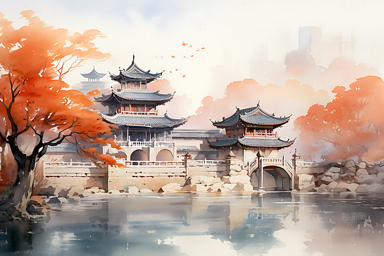 水墨秋天风光唯美中国风插画