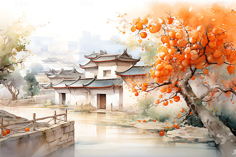 水墨秋天唯美晕染中国风插画