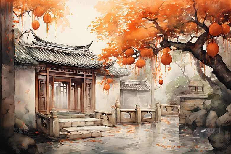 水墨秋天唯美晕染中国风插画
