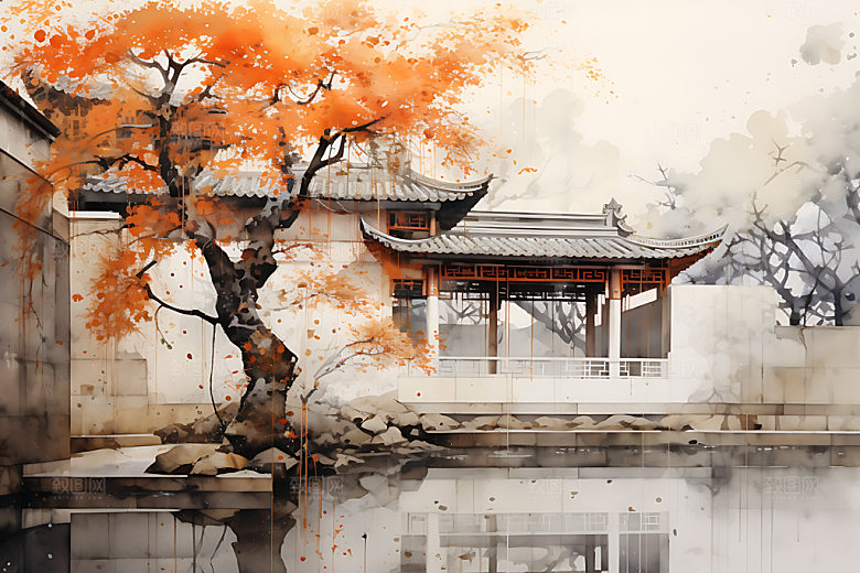水墨秋天晕染唯美中国风插画