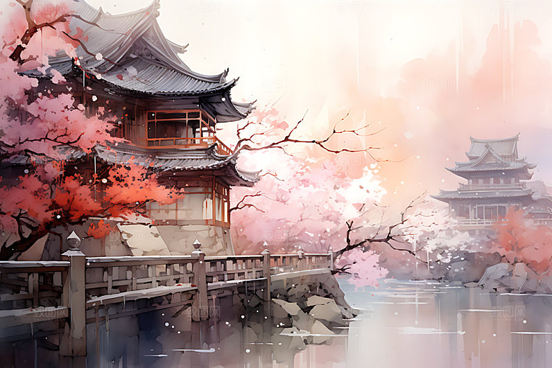 水墨秋天风光国画中国风插画