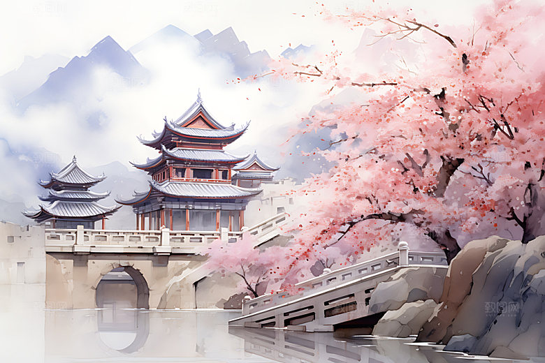 水墨秋天晕染山水楼阁中国风插画