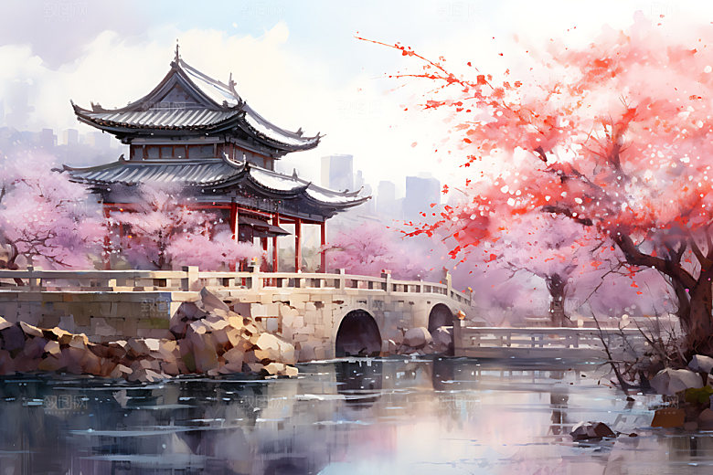 水墨秋天唯美山水楼阁中国风插画