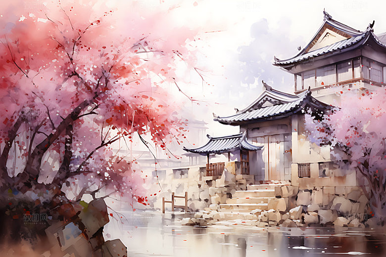 水墨秋天唯美国画中国风插画