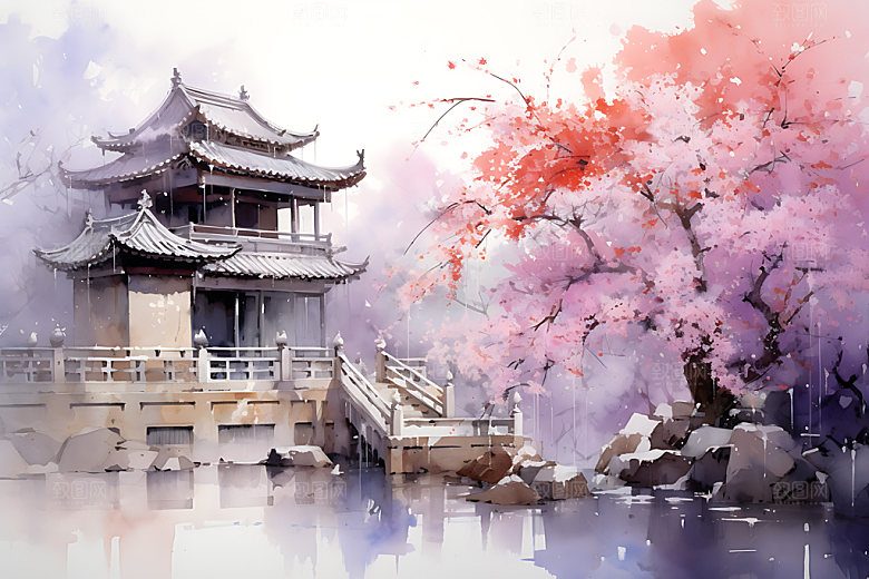 水墨秋天国画风光中国风插画