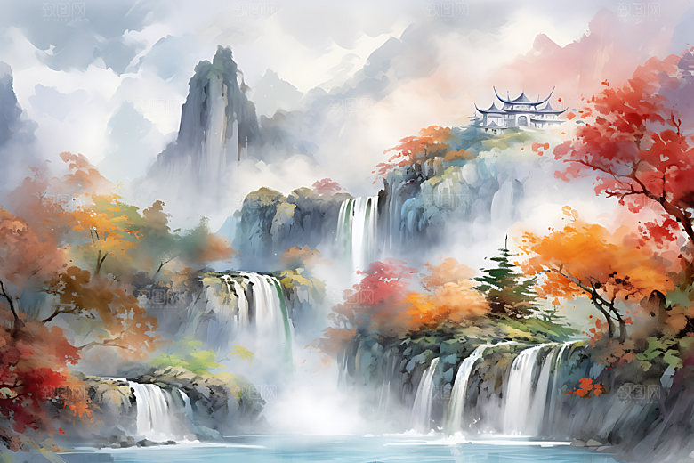 水墨秋天风光唯美中国风插画