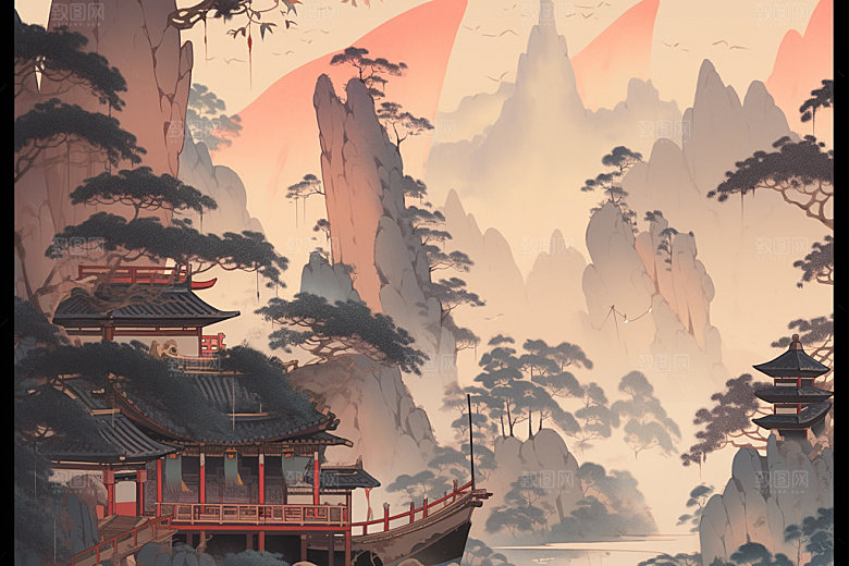 中国画水墨画中式插画