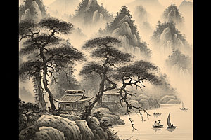 中国画山水中国风插画