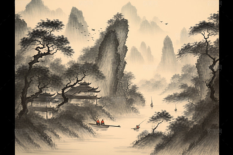 中国画晕染水墨画插画