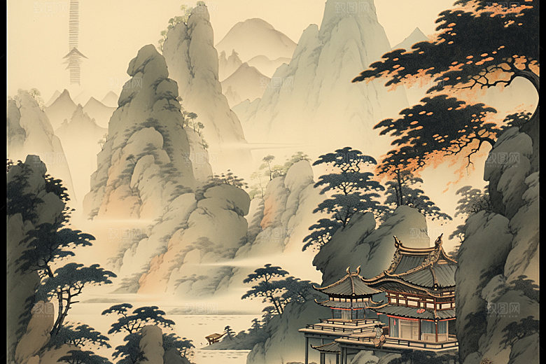 中国画山水写意插画