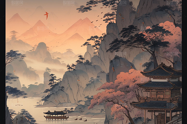 中国画水墨画晕染插画