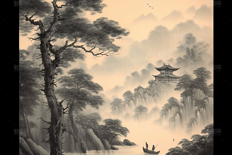 中国画晕染写意插画