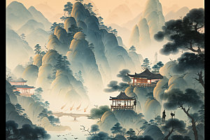 中国画中式水墨画插画