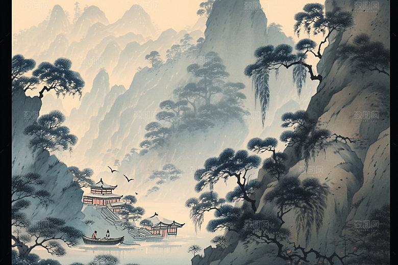 中国画晕染写意插画