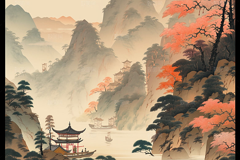 中国画中国风晕染插画