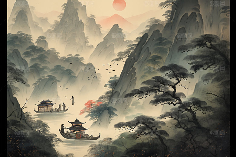 中国画水墨画山水插画