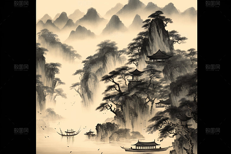 中国画水墨画国粹插画