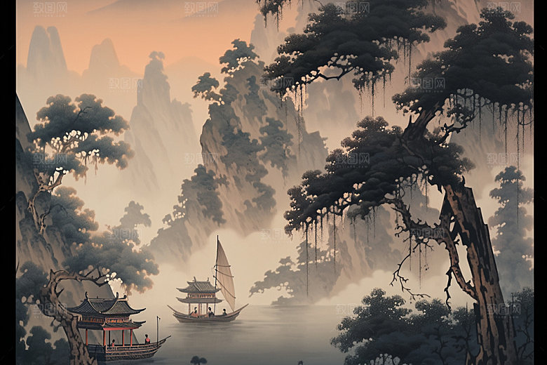中国画山水水墨画插画