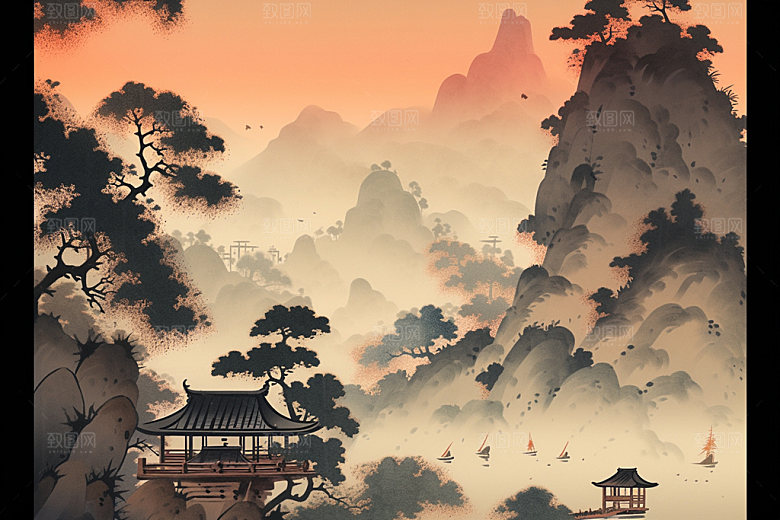 中国画中国风晕染插画