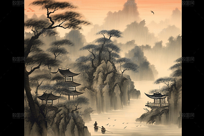 中国画晕染中式插画