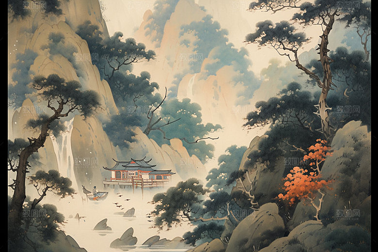中国画山水晕染插画