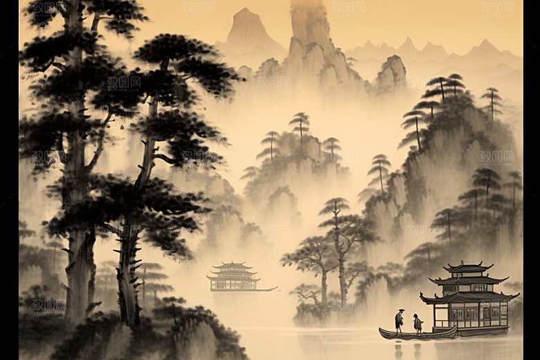 中国画国粹水墨画插画