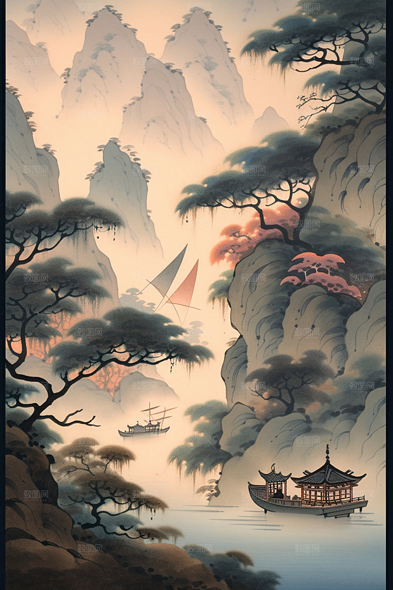 中国画山水写意插画
