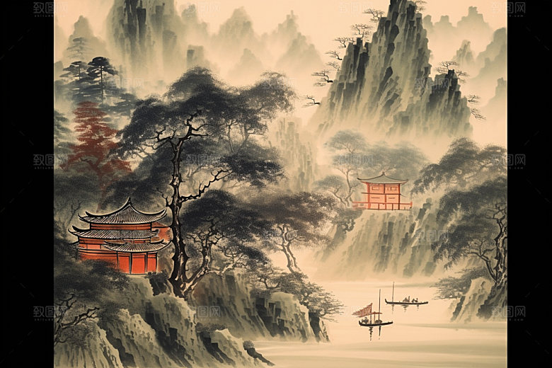 中国画中式山水插画