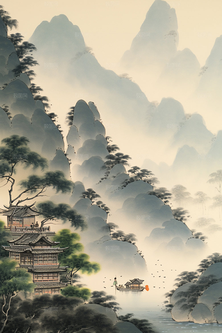 中国画中国风水墨画插画
