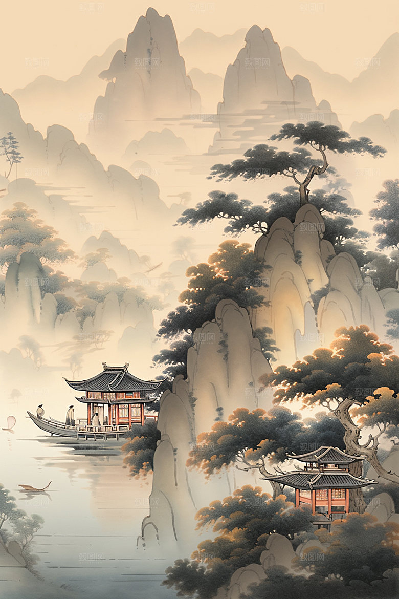 中国画水墨画山水插画
