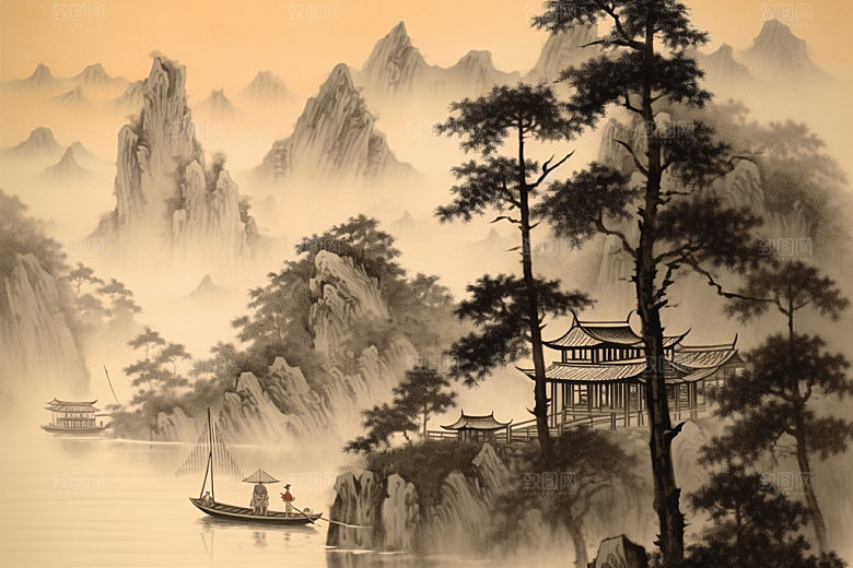 中国画山水写意插画