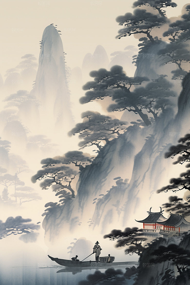 中国画山水晕染插画