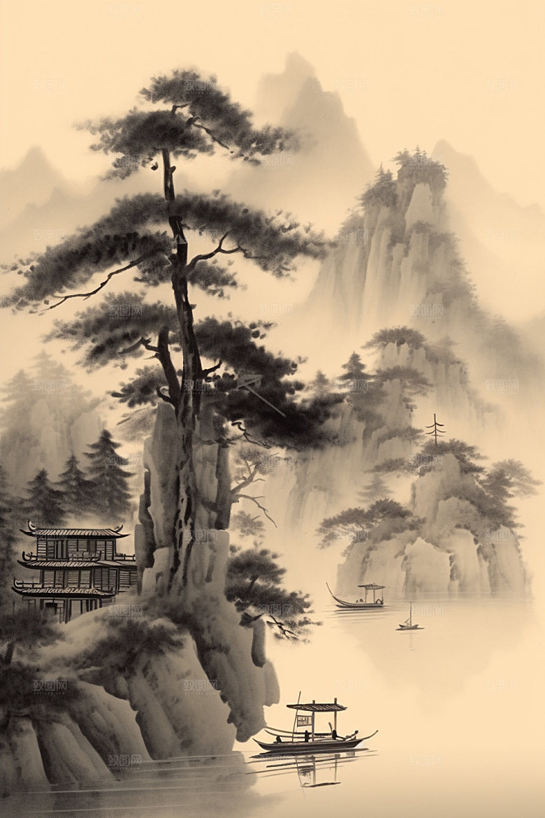 中国画水墨画国粹插画
