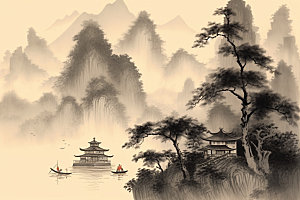 中国画山水中式插画