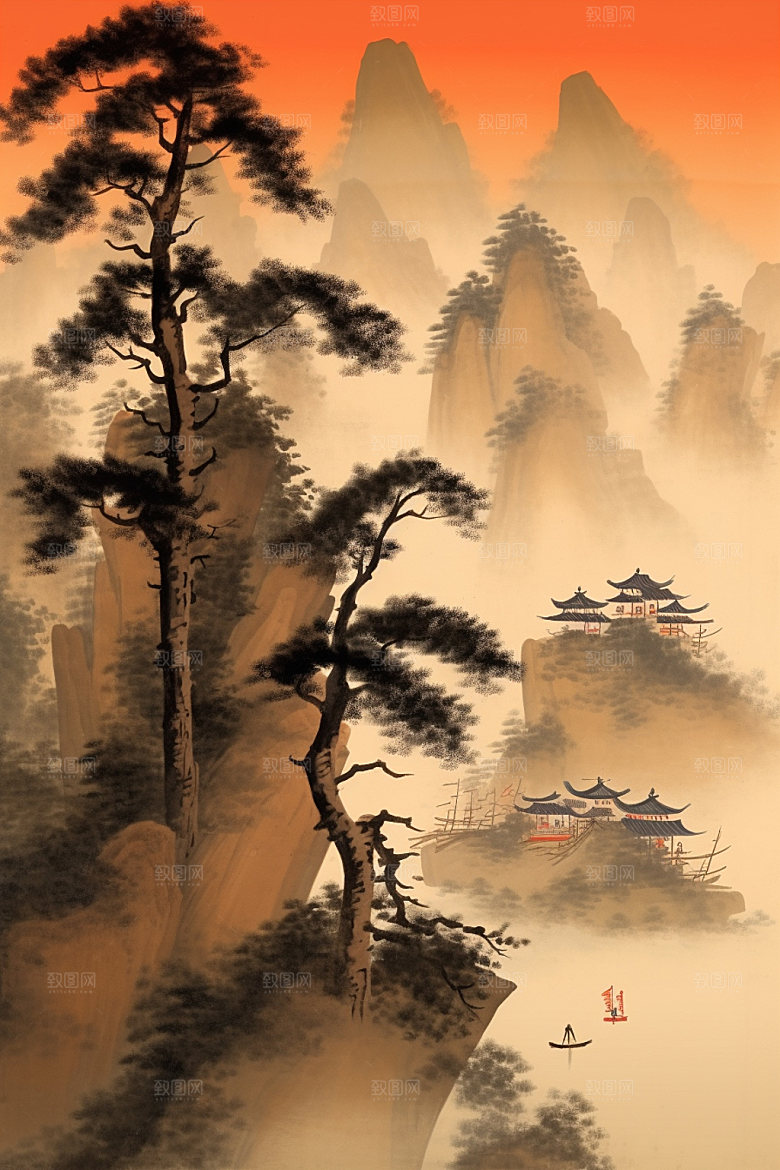 中国画晕染写意插画
