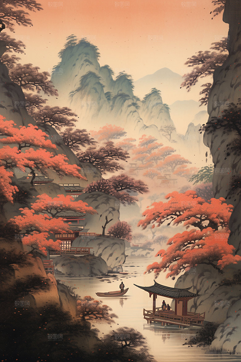 中国画水墨画晕染插画