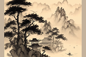 中国画晕染山水插画