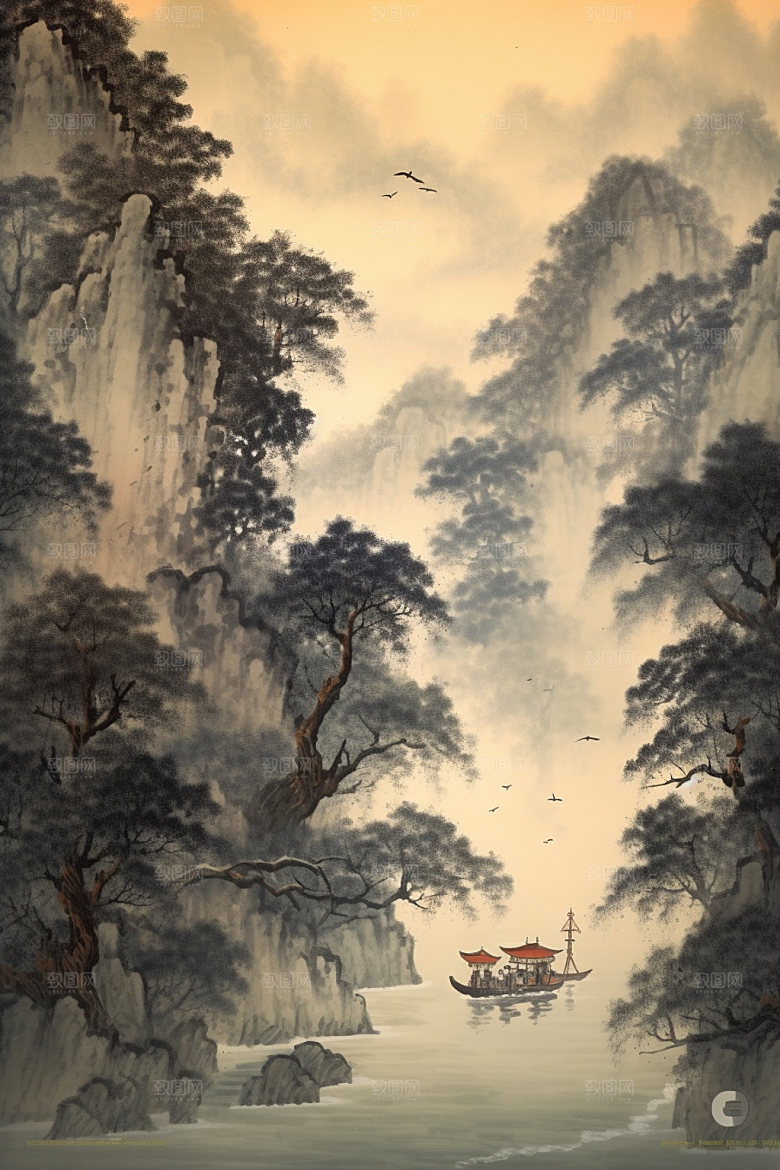 中国画中国风山水插画