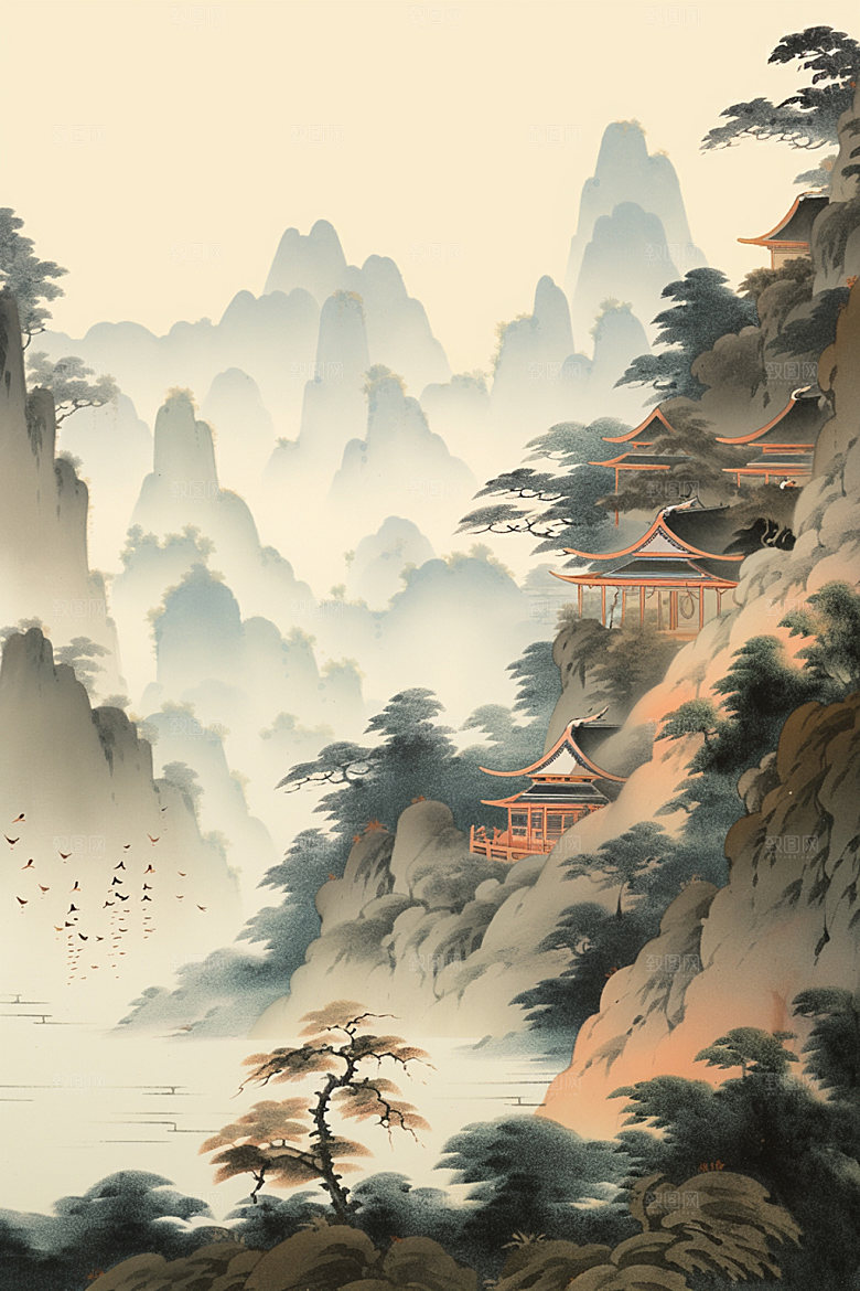 中国画中式水墨画插画