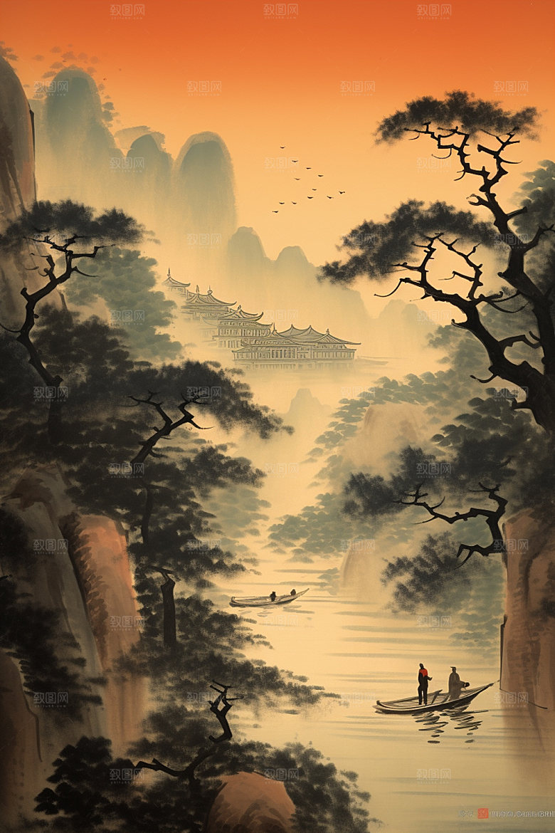 中国画国粹晕染插画