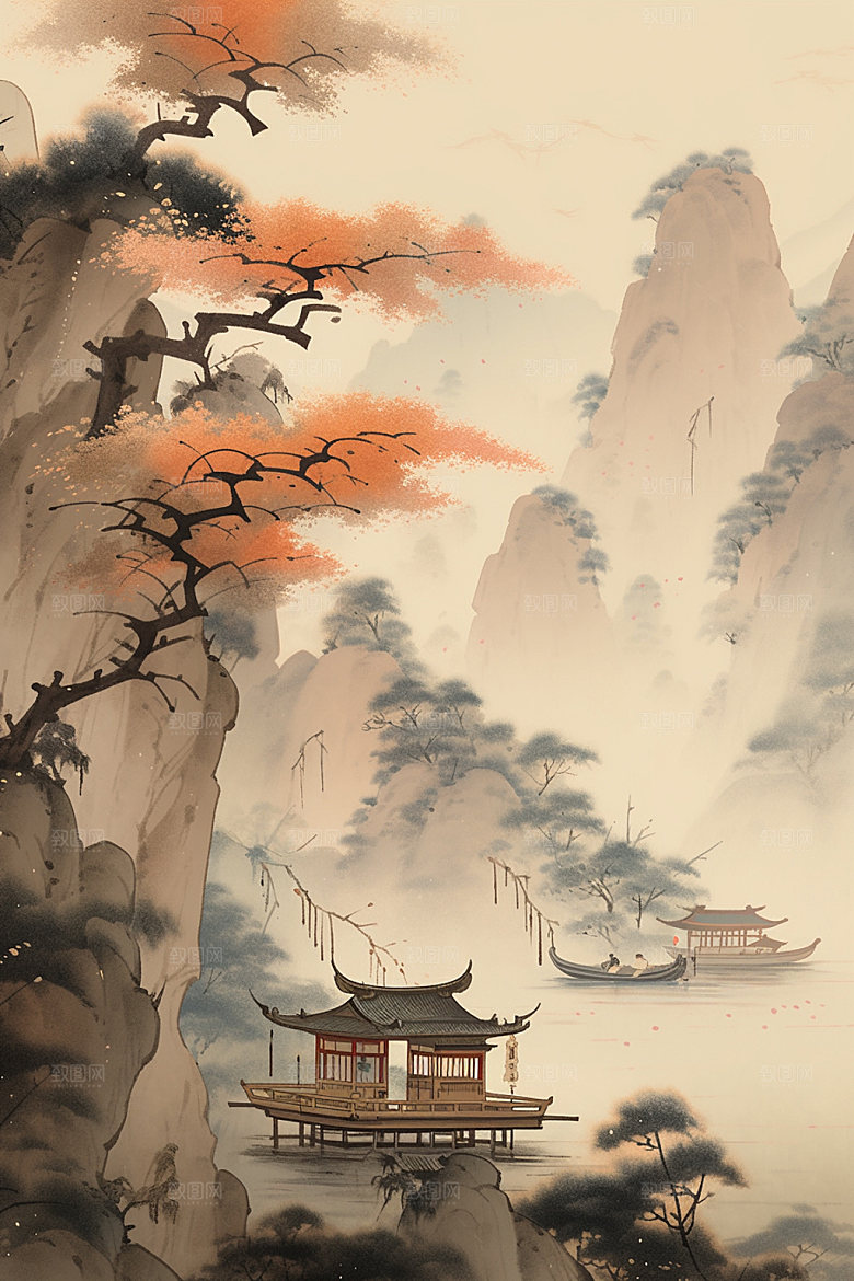 中国画山水国粹插画