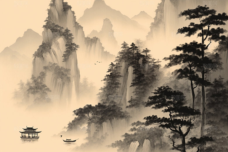 中国画山水晕染插画