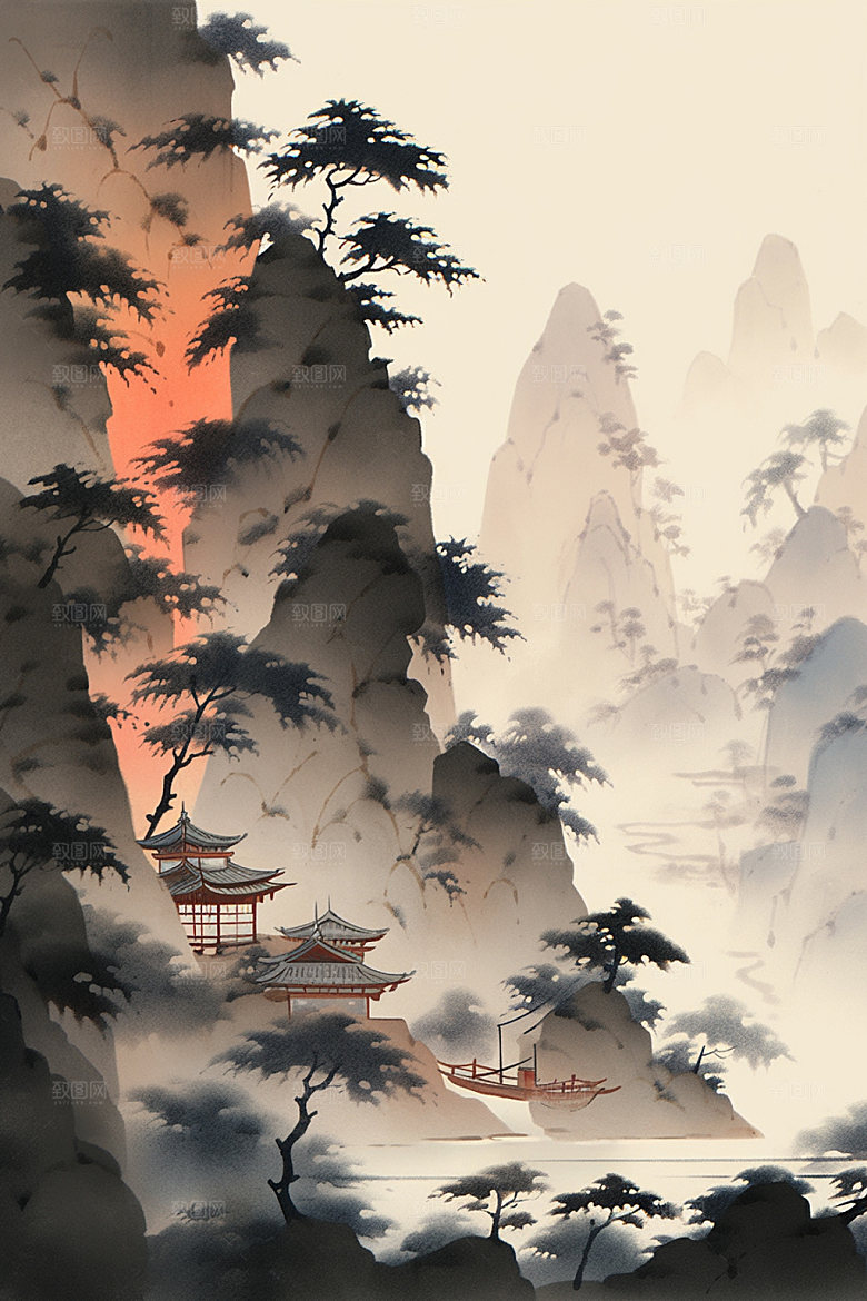 中国画水墨画国粹插画