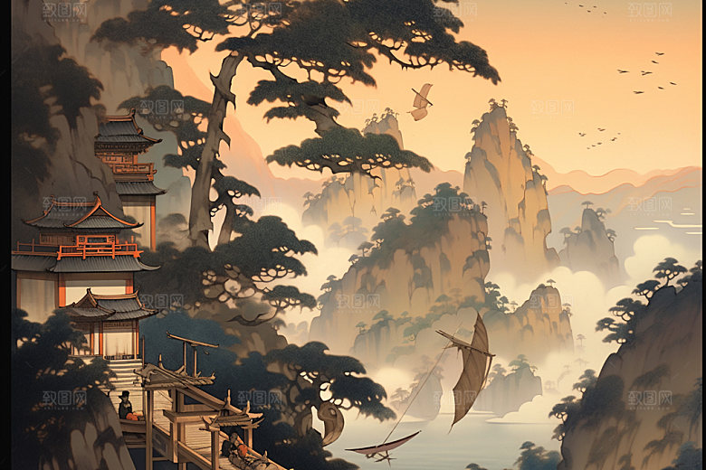 中国画国粹晕染插画