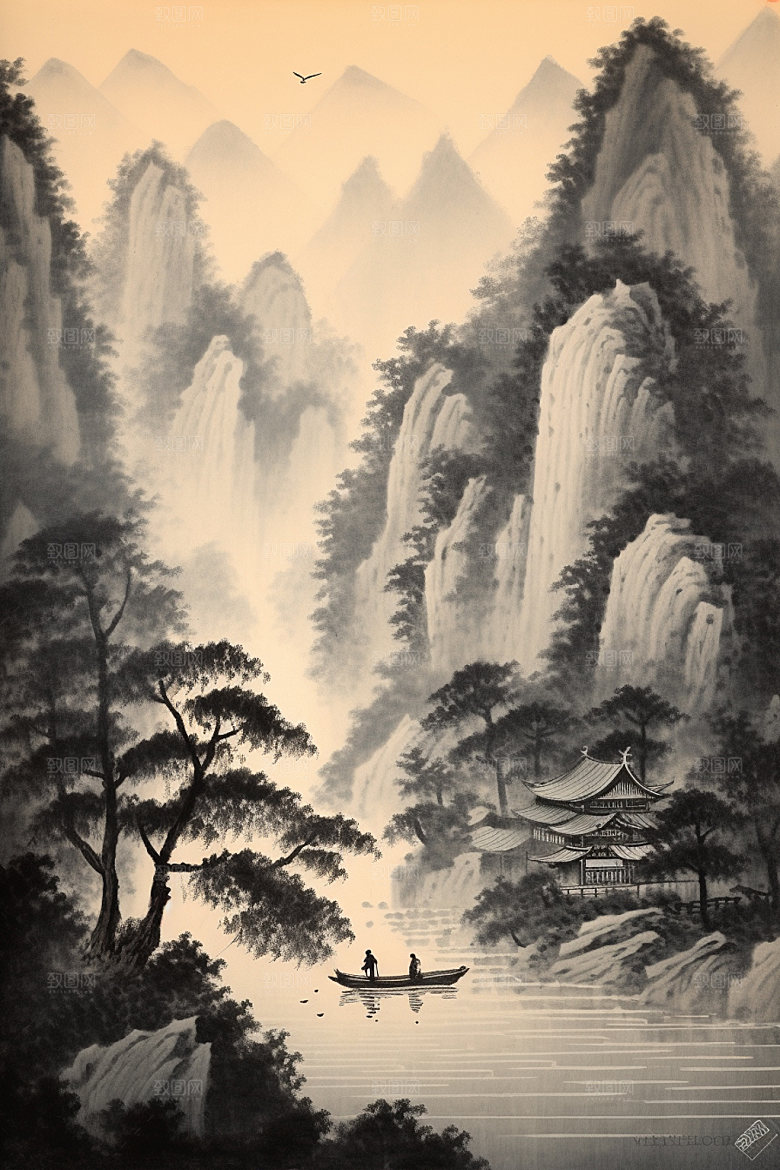 中国画水墨画中国风插画