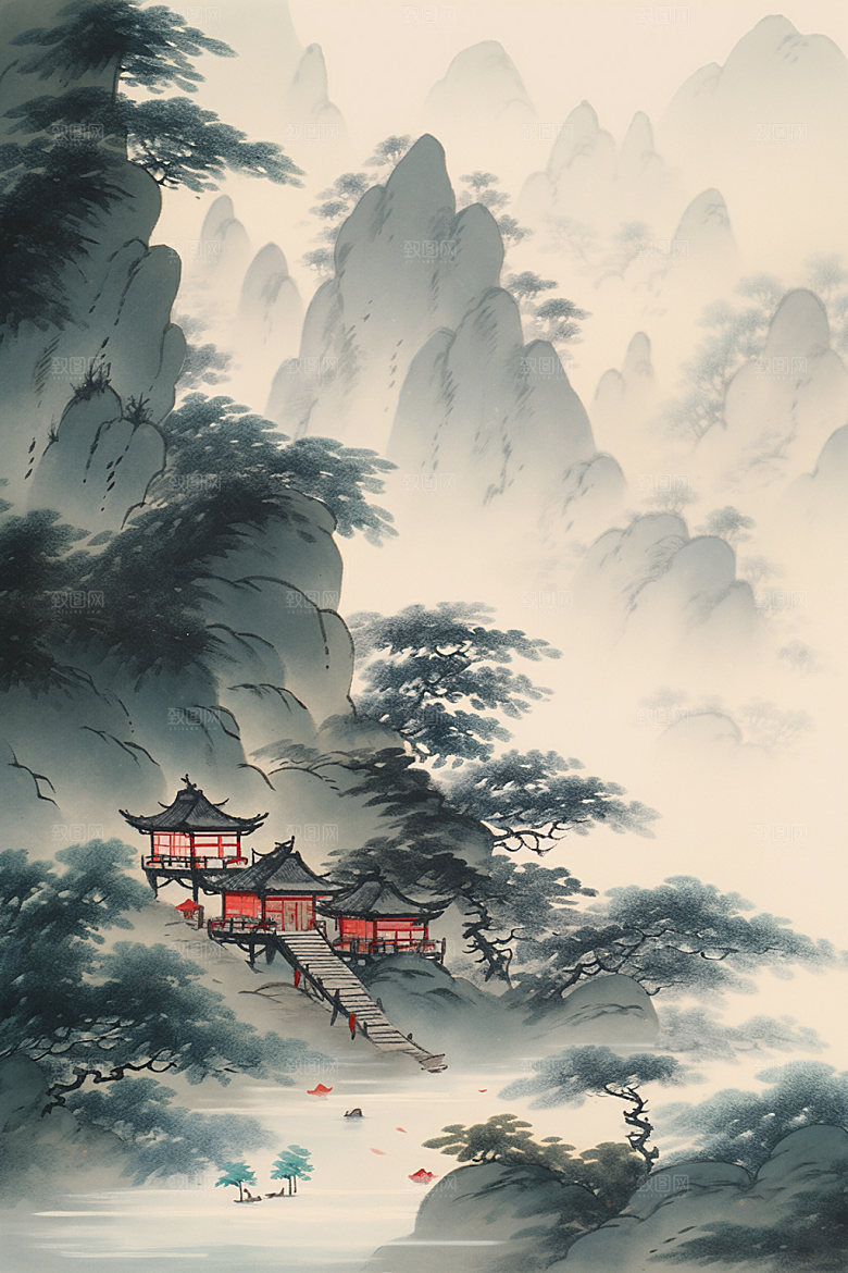 中国画山水国粹插画